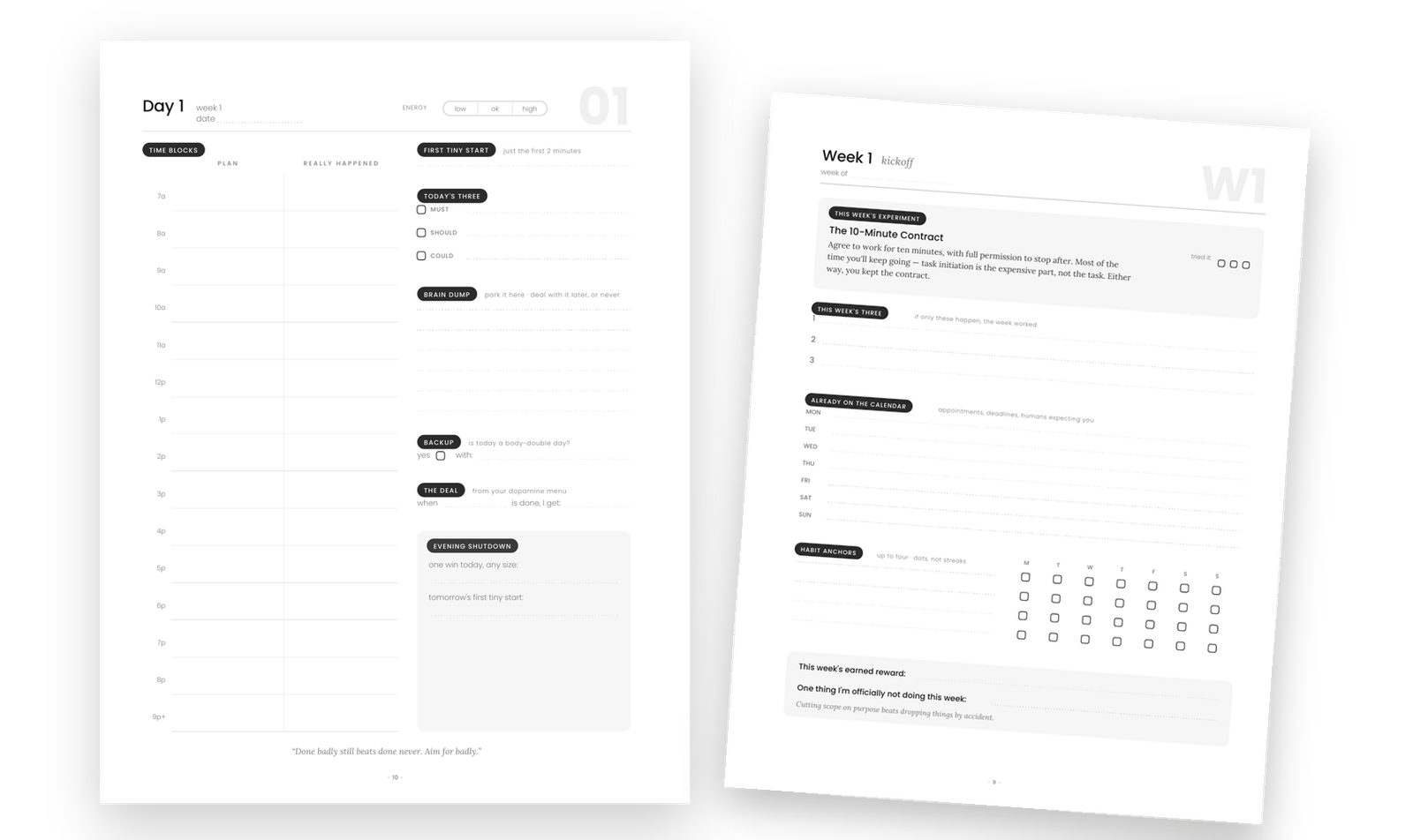 Two real pages from The Focus Anchor: a daily page and the week kickoff