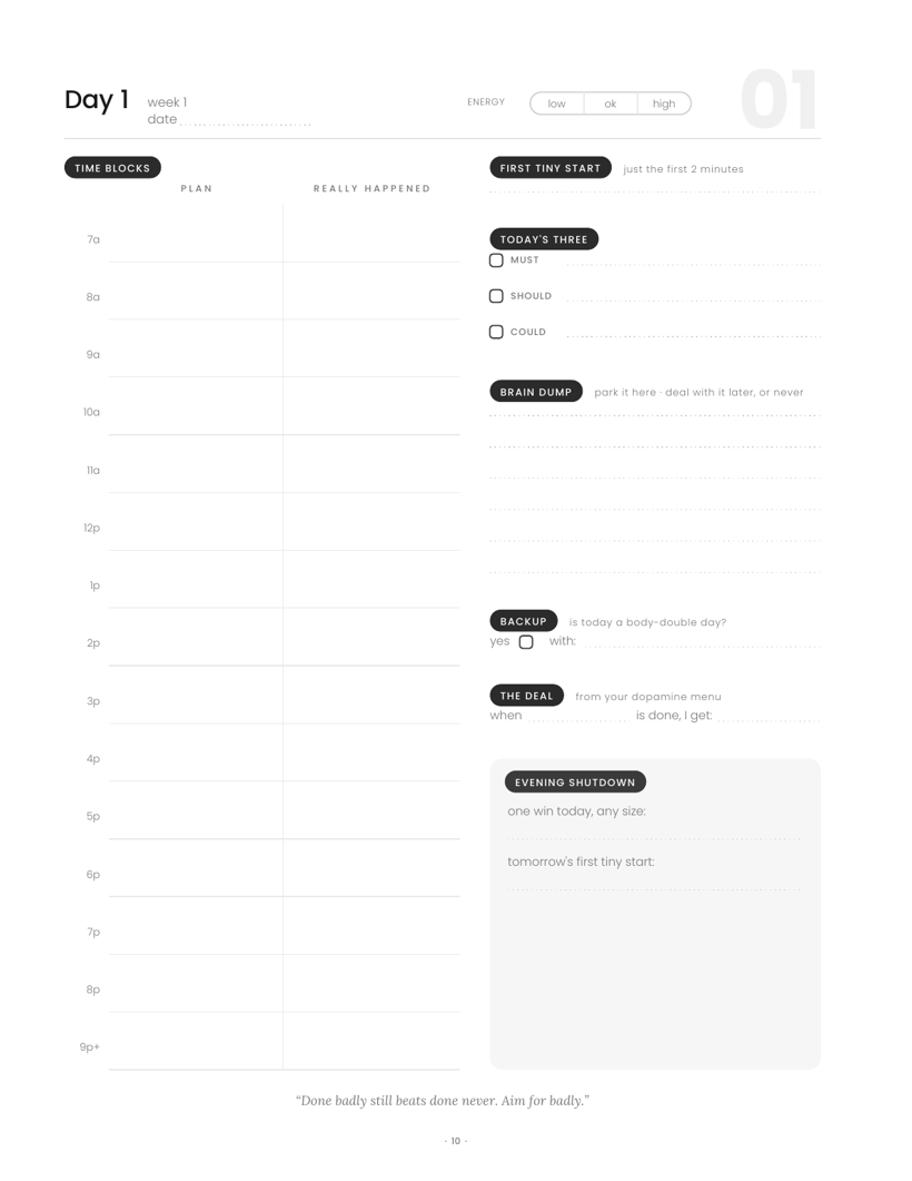 A daily page from The Focus Anchor, printable as a single sheet